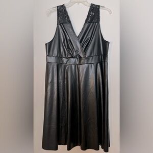 Shein Curve sleeveless black faux-leather surplice dress with lace trim, 2X